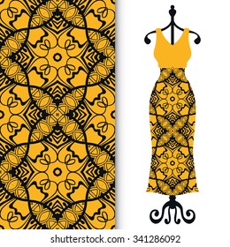Vector fashion illustration. Women's lace dress on a hanger and seamless geometric pattern with repeating fabric texture. Hand drawn isolated elements for scrapbook, invitations or cards design.