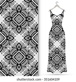 Vector fashion illustration. Women's lace dress on a hanger and seamless geometric floral pattern with repeating fabric texture. Hand drawn isolated elements for scrapbook, invitations, cards design.