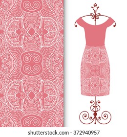 Vector fashion illustration. Women's lace dress on a hanger and seamless doodle sketch pattern with hand drawn repeating texture. Isolated elements for scrapbook, invitations or cards design.
