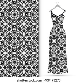 Vector fashion illustration. Women's lace dress on a hanger and seamless doodle sketch pattern with hand drawn repeating texture. Isolated elements for scrapbook, invitations or cards design.