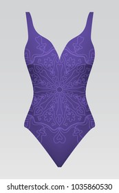 Vector fashion illustration, women's swimsuit with mandala fabric texture. Indigo color