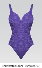 Vector fashion illustration, women's swimsuit with mandala fabric texture. Indigo color