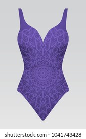 Vector fashion illustration, women's swimsuit with mandala fabric texture. Indigo color