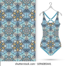 Vector fashion illustration. Women's swimsuit model on a hanger and colorful seamless patchwork quilt pattern for textile fabric, paper print. Summer time collection