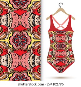 Vector fashion illustration, women's swimsuit on a hanger, geometric seamless pattern, fabric repeating texture with tribal ethnic ornament, isolated elements for invitation or greeting card design