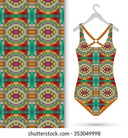 Vector fashion illustration, women's swimsuit on a hanger and seamless pattern with repeating fabric texture. Isolated elements for scrapbook, invitations or cards design