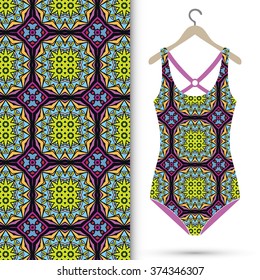 Vector fashion illustration, women's swimsuit on a hanger and seamless pattern with repeating fabric texture. Isolated elements for scrapbook, invitations or cards design