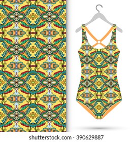 Vector fashion illustration, women's swimsuit on a hanger and seamless pattern with repeating fabric texture. Isolated elements for scrapbook, invitations or cards design