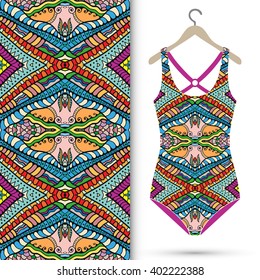 Vector fashion illustration, women's swimsuit on a hanger and seamless pattern with repeating fabric texture. Isolated elements for scrapbook, invitations or cards design