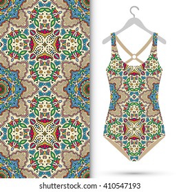Vector fashion illustration, women's swimsuit on a hanger and seamless pattern with repeating fabric texture. Isolated elements for scrapbook, invitations or cards design