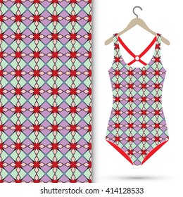 Vector fashion illustration, women's swimsuit on a hanger and seamless pattern with repeating fabric texture. Isolated elements for scrapbook, invitations or cards design