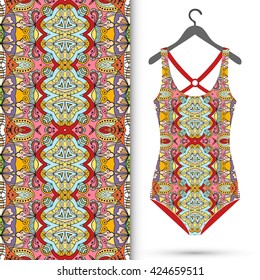 Vector fashion illustration, women's swimsuit on a hanger and seamless pattern with repeating fabric texture. Isolated elements for scrapbook, invitations or cards design