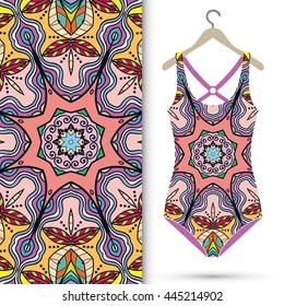 Vector fashion illustration, women's swimsuit on a hanger and seamless pattern with repeating fabric texture. Isolated elements for scrapbook, invitations or cards design