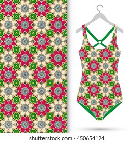 Vector fashion illustration, women's swimsuit on a hanger and seamless pattern with repeating fabric texture. Isolated elements for scrapbook, invitations or cards design