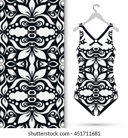 Vector fashion illustration, women's swimsuit on a hanger and seamless pattern with repeating fabric texture. Isolated elements for scrapbook, invitations or cards design. Black and white background