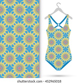 Vector fashion illustration, women's swimsuit on a hanger and seamless pattern with repeating fabric texture. Isolated elements for scrapbook, invitations or cards design