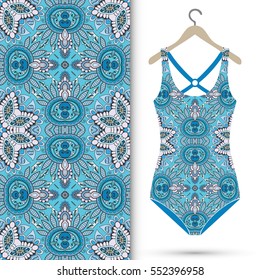 Vector fashion illustration, women's swimsuit on a hanger and seamless pattern with repeating fabric texture. Isolated elements for scrapbook, invitations or cards design