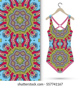 Vector fashion illustration, women's swimsuit on a hanger and seamless pattern with repeating fabric texture. Isolated elements for scrapbook, invitations or cards design