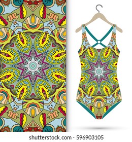 Vector fashion illustration, women's swimsuit on a hanger and seamless pattern with repeating fabric texture. Isolated elements for scrapbook, invitations or cards design