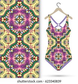 Vector fashion illustration, women's swimsuit on a hanger and seamless pattern with repeating fabric texture. Isolated elements for scrapbook, invitations or cards design