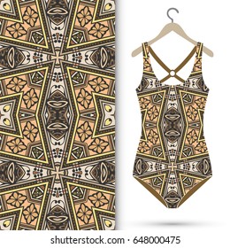 Vector fashion illustration, women's swimsuit on a hanger and seamless pattern with repeating fabric texture. Isolated elements for scrapbook, invitations or cards design