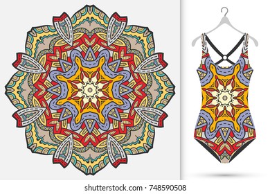 Vector fashion illustration, women's swimsuit on a hanger and colorful mandala ornament with repeating fabric texture. Isolated elements for scrapbook, invitations or cards design