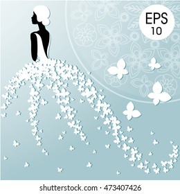 Vector fashion illustration of a young bride with butterflies. Bridal Shower. Wedding invitation for your design