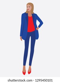 Vector fashion illustration of young pretty modern girl in blue suit. Spring summer collection. Flat graphic