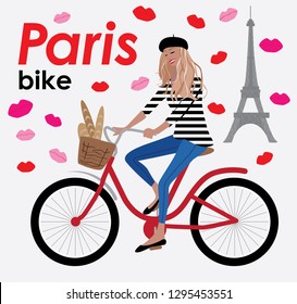 Vector fashion illustration of young pretty smiling modern french girl on a bicycle in beret with baguette. Spring summer collection. Flat graphic