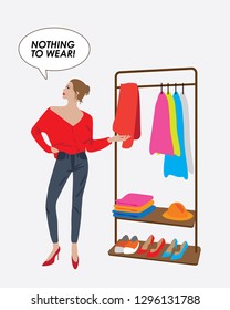 Vector fashion illustration of young pretty modern girl in red skirt and blue jeans at her wardrobe. Nothing to wear scene. Spring summer collection. Flat graphic