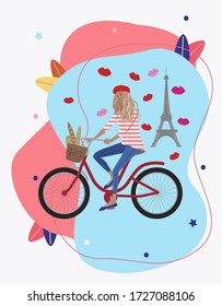 Vector fashion illustration of young pretty smiling modern french girl on a bicycle in beret with baguette on the colorful background. Spring summer collection. Flat graphic