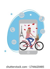 Vector fashion illustration of young pretty smiling modern french girl on a bicycle in beret with baguette on the colorful background. Bike city tour. Mobile application