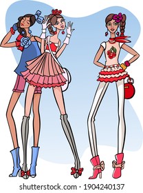 Vector fashion illustrations of group of model women, wearing trendy clothes. Hand drawn isolated figures on white background, in pink, red and blue colors. 