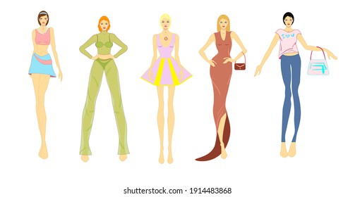 Ilustraciones de moda vectorial de un grupo de mujeres modelo, usando ropa de moda. Figuras aisladas dibujadas a mano sobre fondo blanco, en rosa