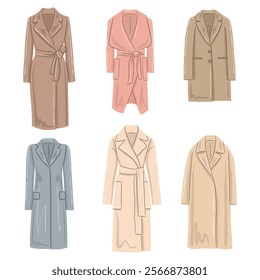 Vector fashion illustrations of women's coats and jackets, isolated on a white background. Winter clothing doodles.