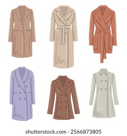 Vector fashion illustrations of women's coats and jackets, isolated on a white background. Winter clothing doodles.