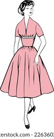 Vector fashion image young woman in retro vintage dress lineart sulhouette