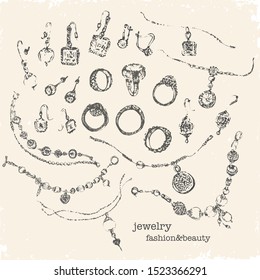 Vector fashion ink illustration. Hand drawn jewelry with gems and pearls. Earrings, pussets, rings, bracelets with charms, necklace, pendant, chains. Bijouterie and decorative accessories set.