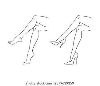 Vector fashion line sketch illustration of beautiful, slim female legs, isolated on a white background. High-heeled fashion feet template. Women's legs and feet croquis.