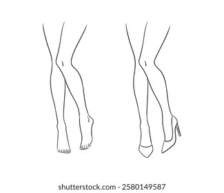 Vector fashion line sketch illustration of beautiful, slim female legs, isolated on a white background. High-heeled fashion feet template. Women's legs and feet croquis.