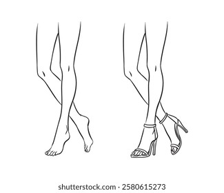 Vector fashion line sketch illustration of beautiful, slim female legs, isolated on a white background. High-heeled fashion feet template. Women's legs and feet croquis.