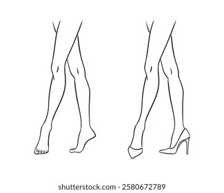 Vector fashion line sketch illustration of beautiful, slim female legs, isolated on a white background. High-heeled fashion feet template. Women's legs and feet croquis.