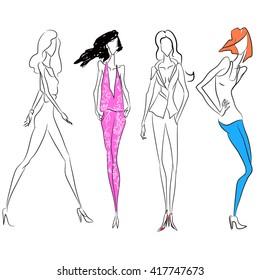 Vector fashion line sketch. Set of vector icons. Models posing at fashion magazine photoshooting or walking runway in official business style or casual style. Skinny body silhouette, high heels