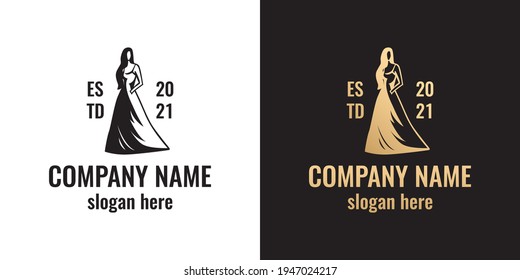 Vector fashion logo template. Silhouette of a woman in a dress in black and gold.