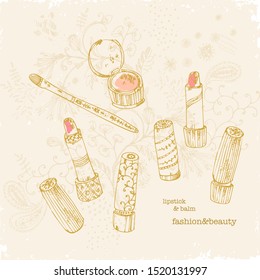 Vector fashion and makeup illustration. Beauty product set with hand drawn lipstick and lips balm, brush vintage style on doodle ornaments background.