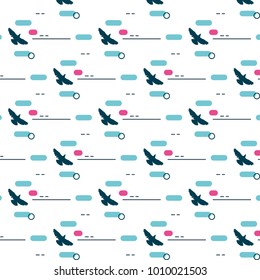 Vector fashion memphis pattern ornament with blue bird and blue cross and blue line and pink drop on white background