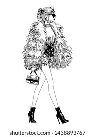 vector fashion model illustration fashion girl runway sketch ink pen drawing with top model wearing trendy designer clothes, fashion show catwalk pencil drawing with elegant faux fur coat, sunglasses