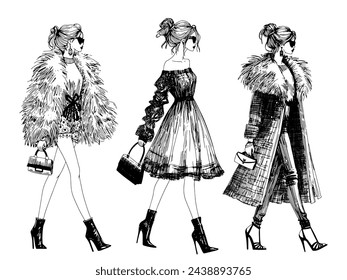 vector fashion model illustration fashion girls runway sketch ink pen drawing with top models wearing trendy designer clothes, fashion show catwalk pencil drawing with elegant dress, faux fur coat