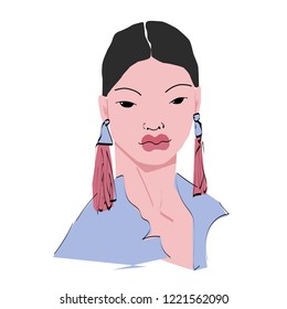 Vector Fashion Model Portrait. Fashion Sketch for Beauty Industry. Asian Girl with earrings. Young Fashionable Woman form Azia.