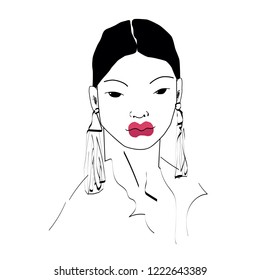 Vector Fashion Model Portrait. Fashion Sketch for Beauty Industry. Asian Girl with earrings. Young Fashionable Woman form Azia. Vector Illustration for website, magazine, t-shirt.